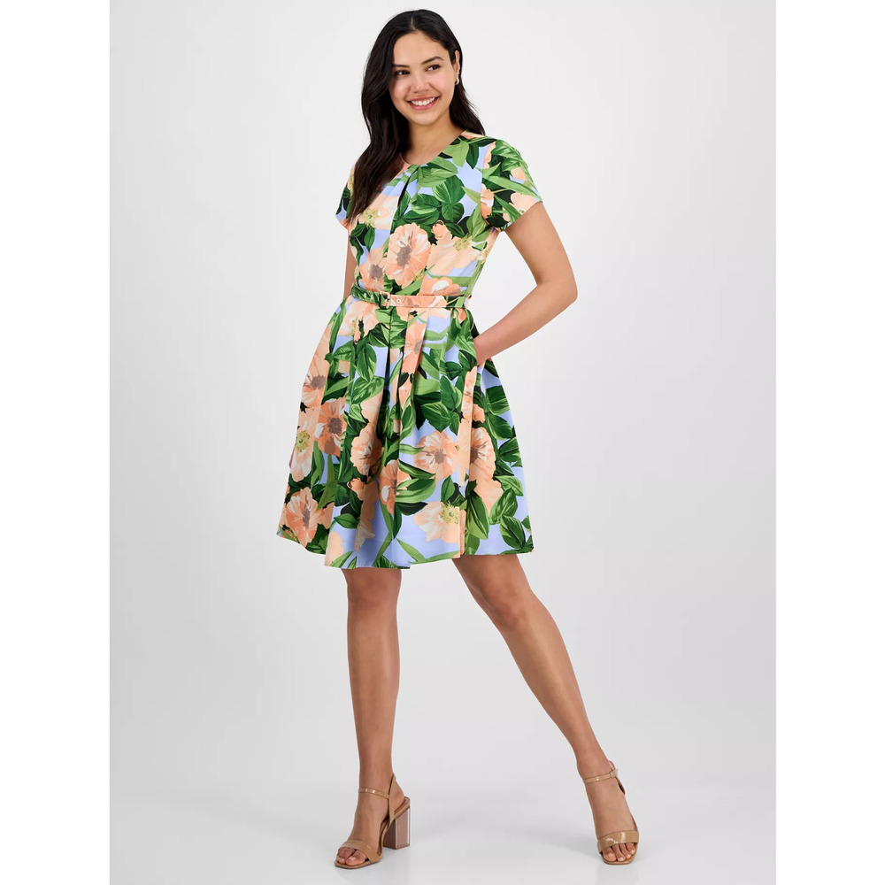 Tahari ASL Fit Flare Pleated Dress Peach Magnolia Floral Belted Sz 14,MSRP: 169$